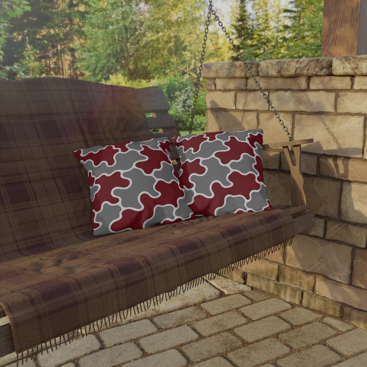 Maroon Gray Abstract Puzzle Pattern Outdoor Pillows | Geometric Patio Pillow