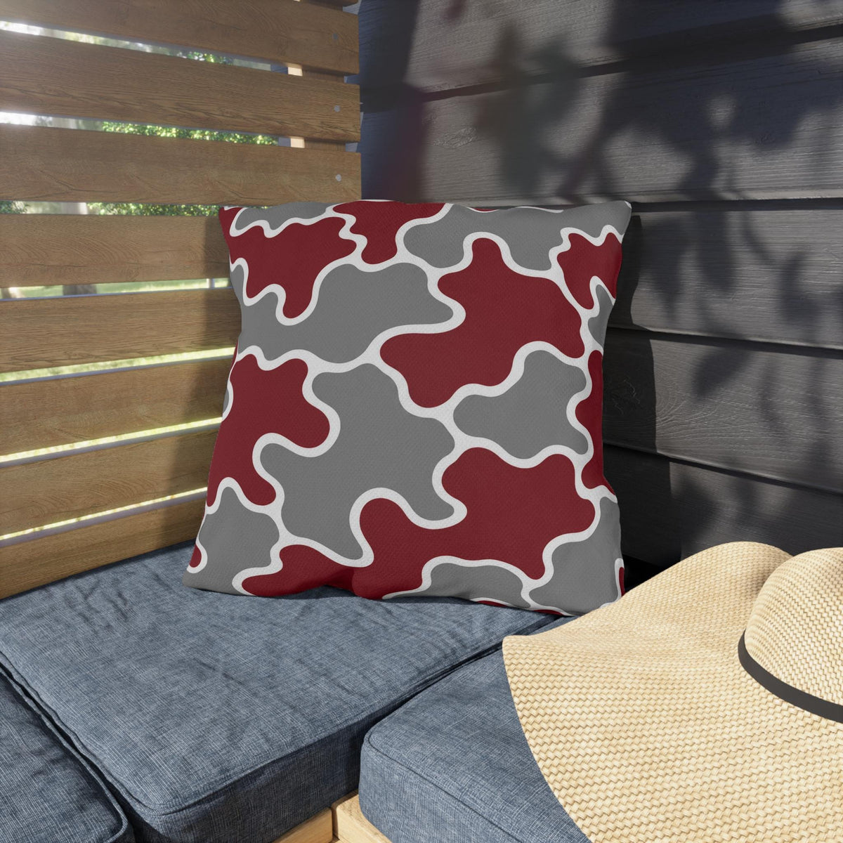 Maroon Gray Abstract Puzzle Pattern Outdoor Pillows | Geometric Patio Pillow
