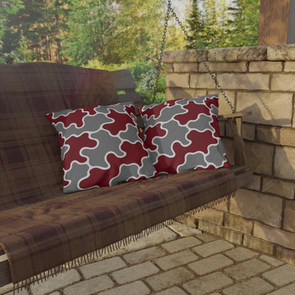 Maroon Gray Abstract Puzzle Pattern Outdoor Pillows | Geometric Patio Pillow