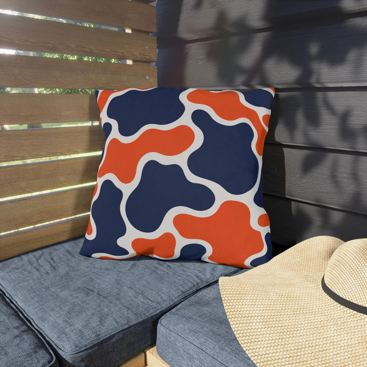 Orange Navy Abstract Blob Pattern Outdoor Pillow | Modern Patio Cushion