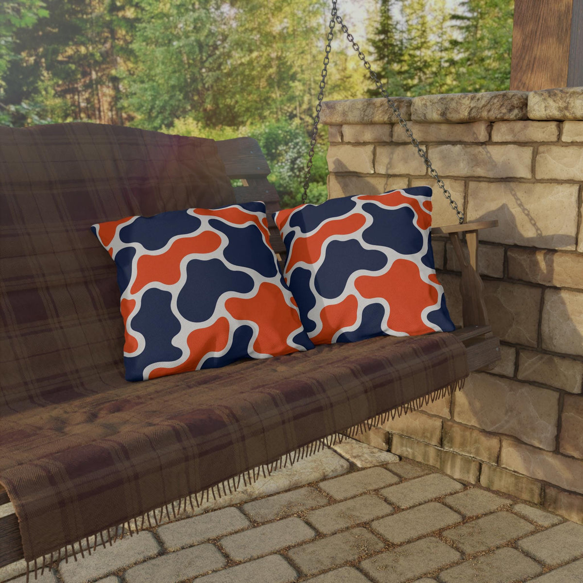 Orange Navy Abstract Blob Pattern Outdoor Pillow | Modern Patio Cushion