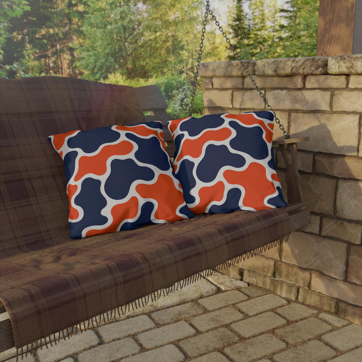 Orange Navy Abstract Blob Pattern Outdoor Pillow | Modern Patio Cushion