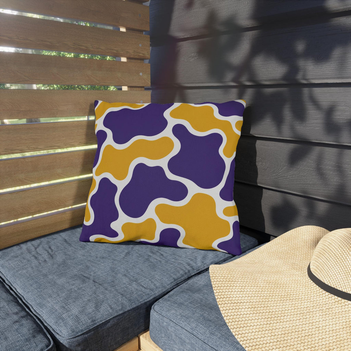 Abstract Purple and Gold Camo Outdoor Pillow | Modern Organic Pattern