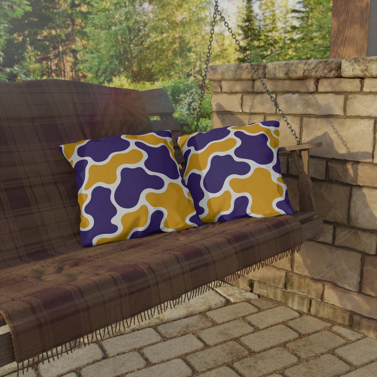 Abstract Purple and Gold Camo Outdoor Pillow | Modern Organic Pattern