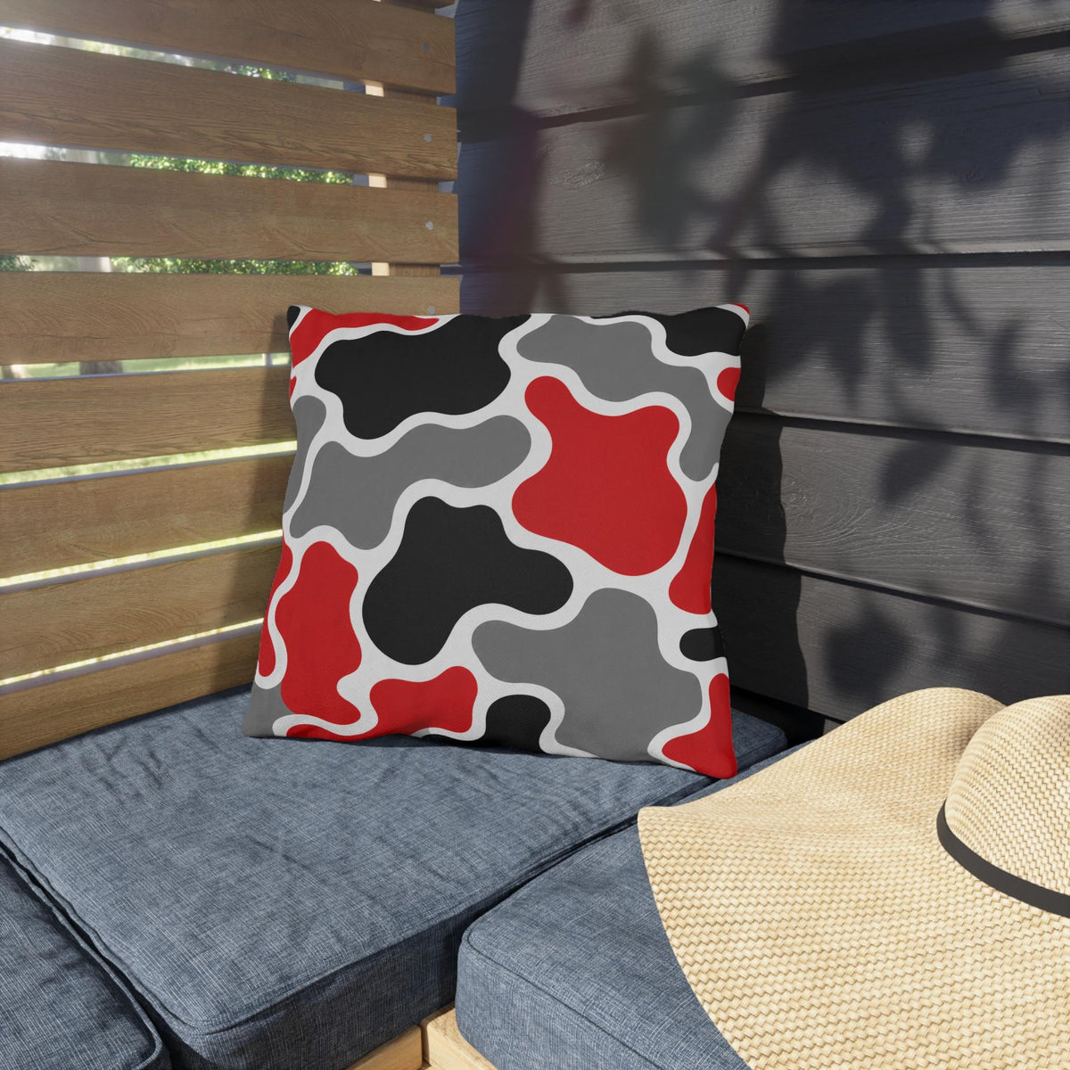 Abstract Red Black Gray Camouflage Outdoor Pillow | Modern Patio Decor
