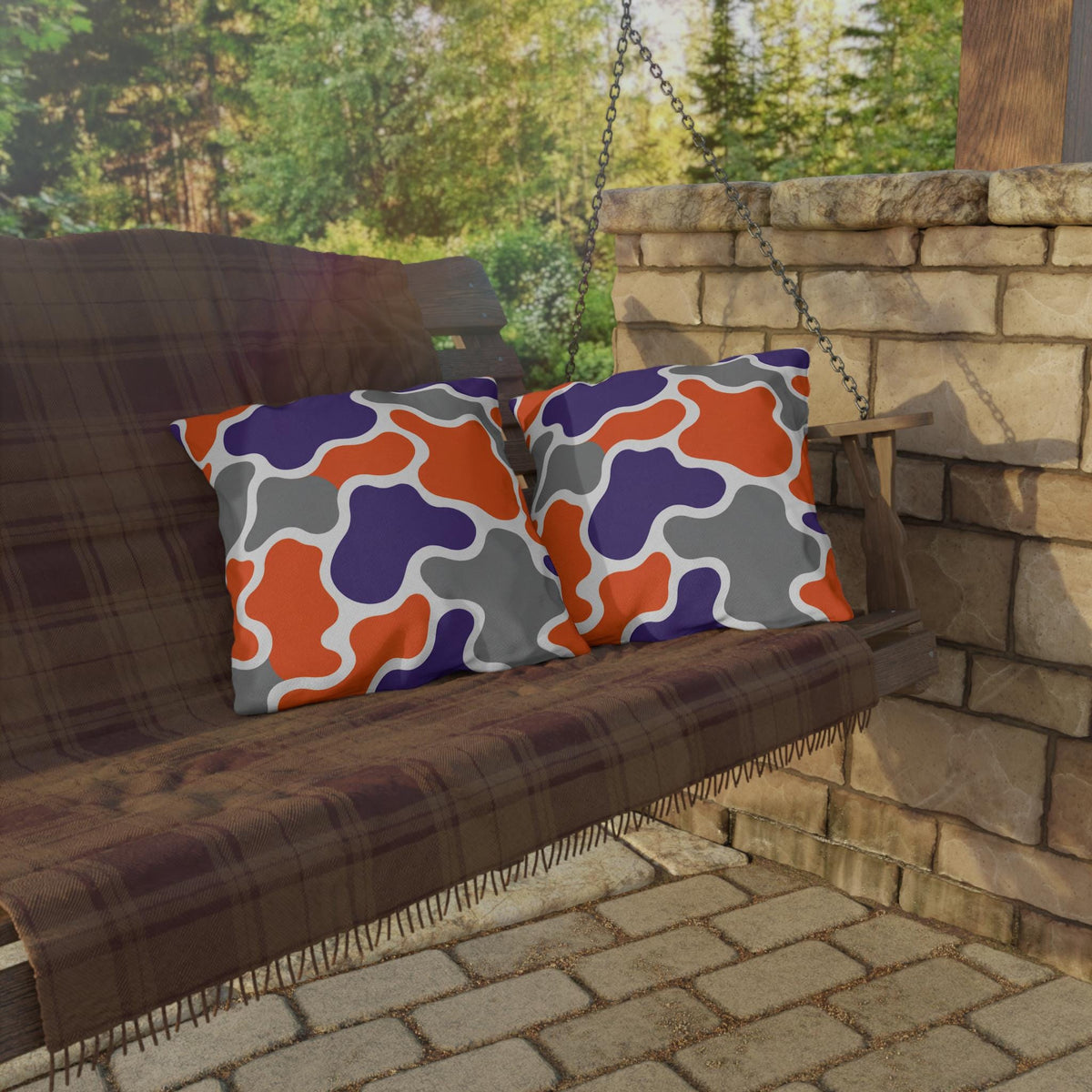 Abstract Organic Shapes Outdoor Pillow | Orange Purple Gray Modern Pattern