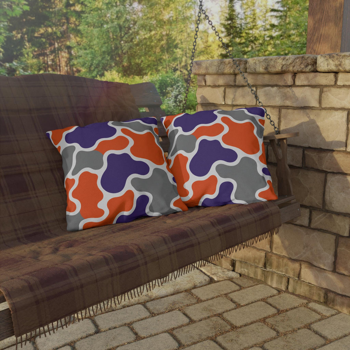 Abstract Organic Shapes Outdoor Pillow | Orange Purple Gray Modern Pattern