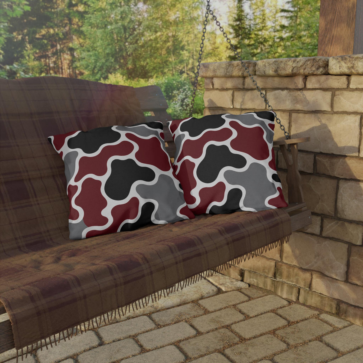 Abstract Organic Shapes Outdoor Pillow | Burgundy Black Gray Modern Patio Cushion