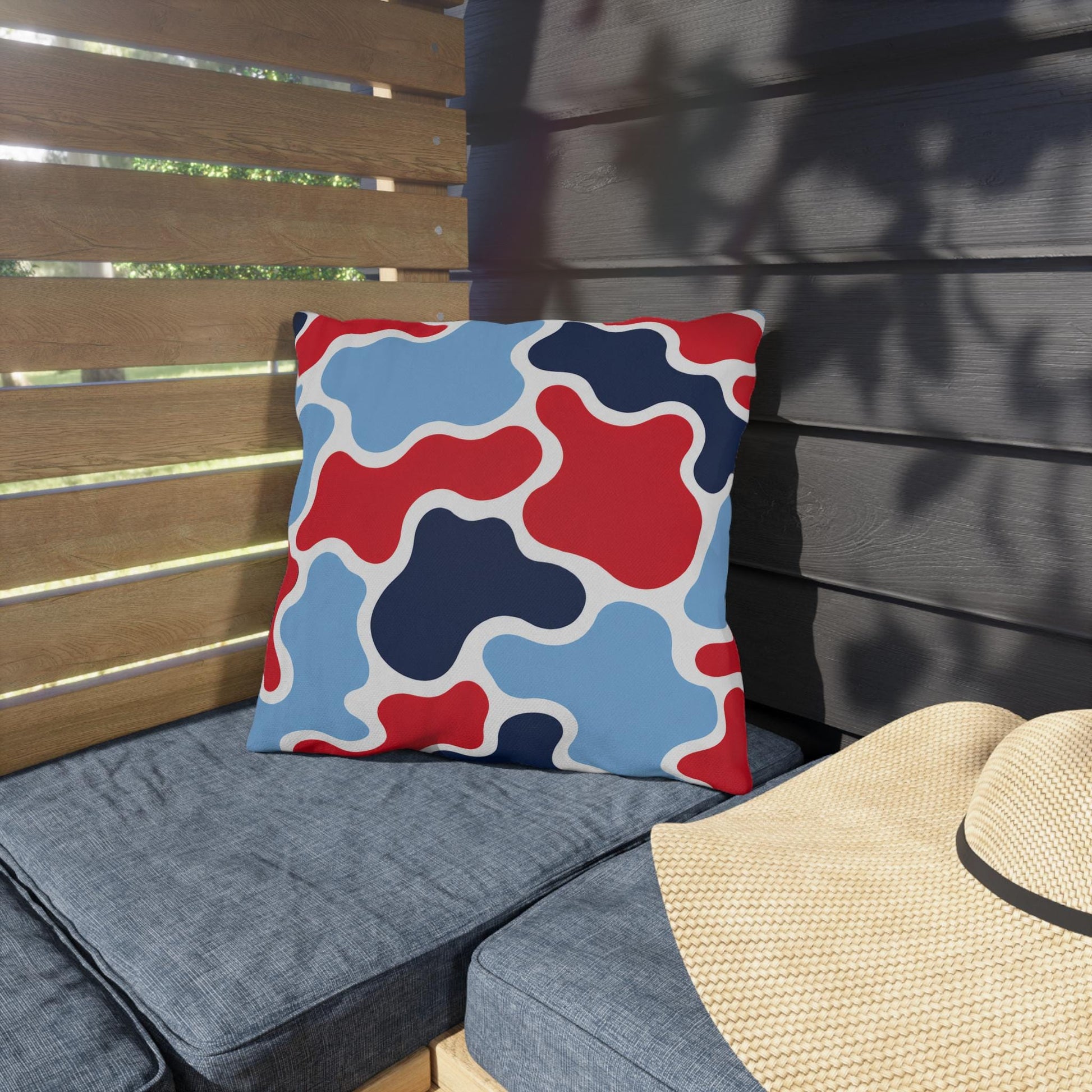 Abstract Red Blue Camouflage Outdoor Pillow | Modern Patio Cushion