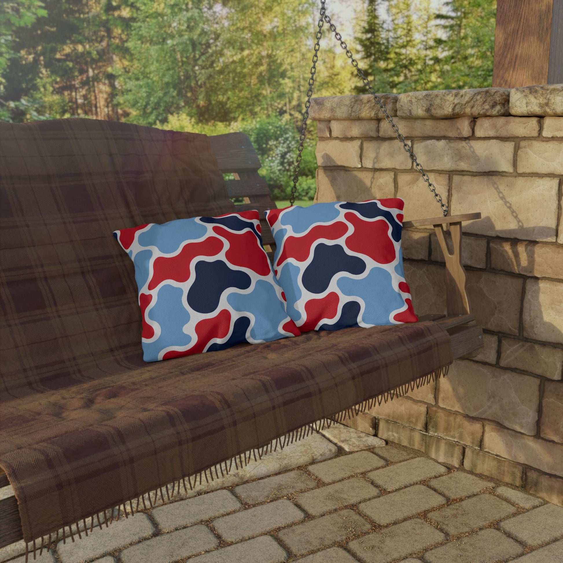 Abstract Red Blue Camouflage Outdoor Pillow | Modern Patio Cushion