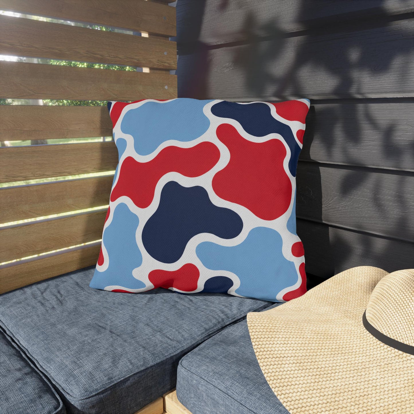 Abstract Red Blue Camouflage Outdoor Pillow | Modern Patio Cushion