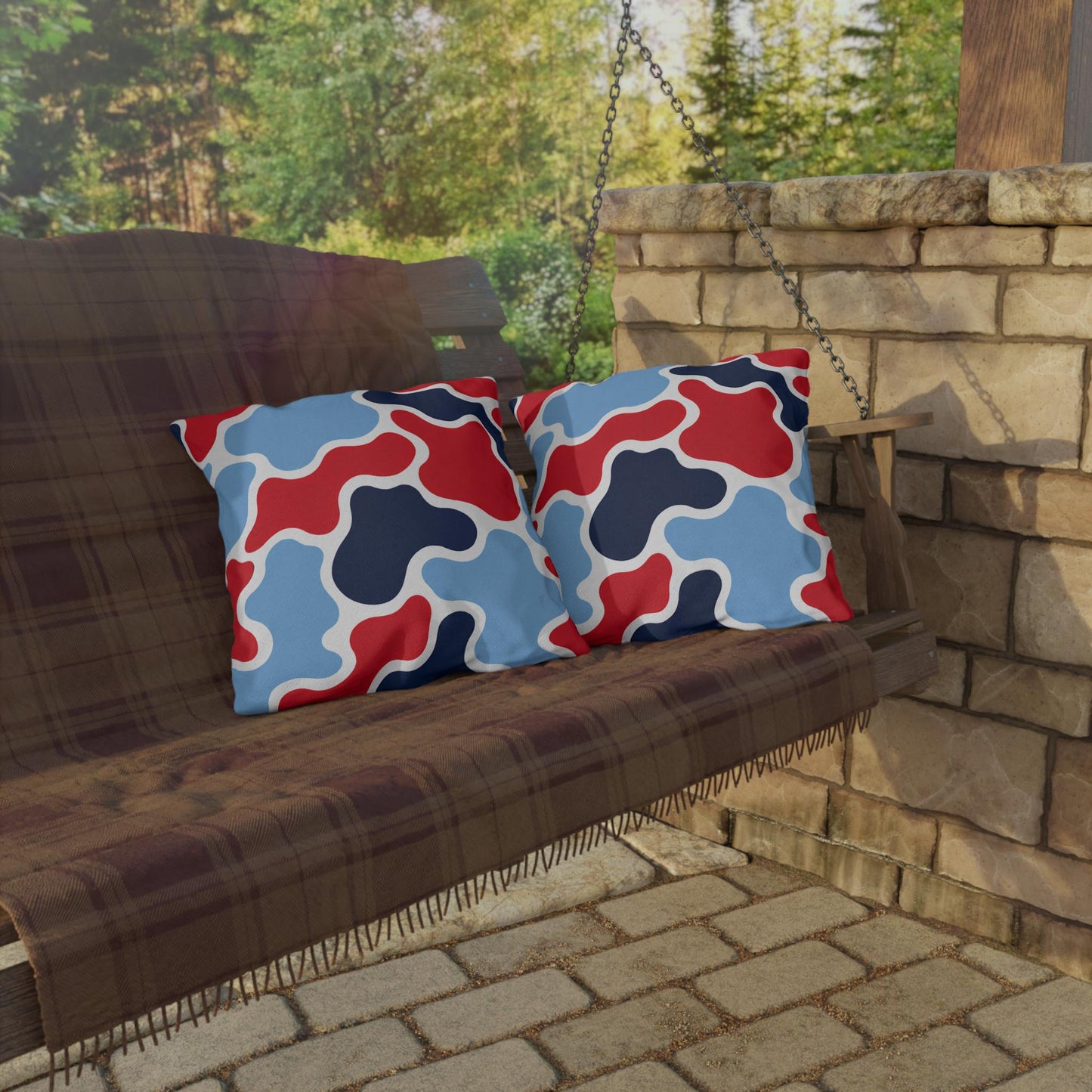 Abstract Red Blue Camouflage Outdoor Pillow | Modern Patio Cushion