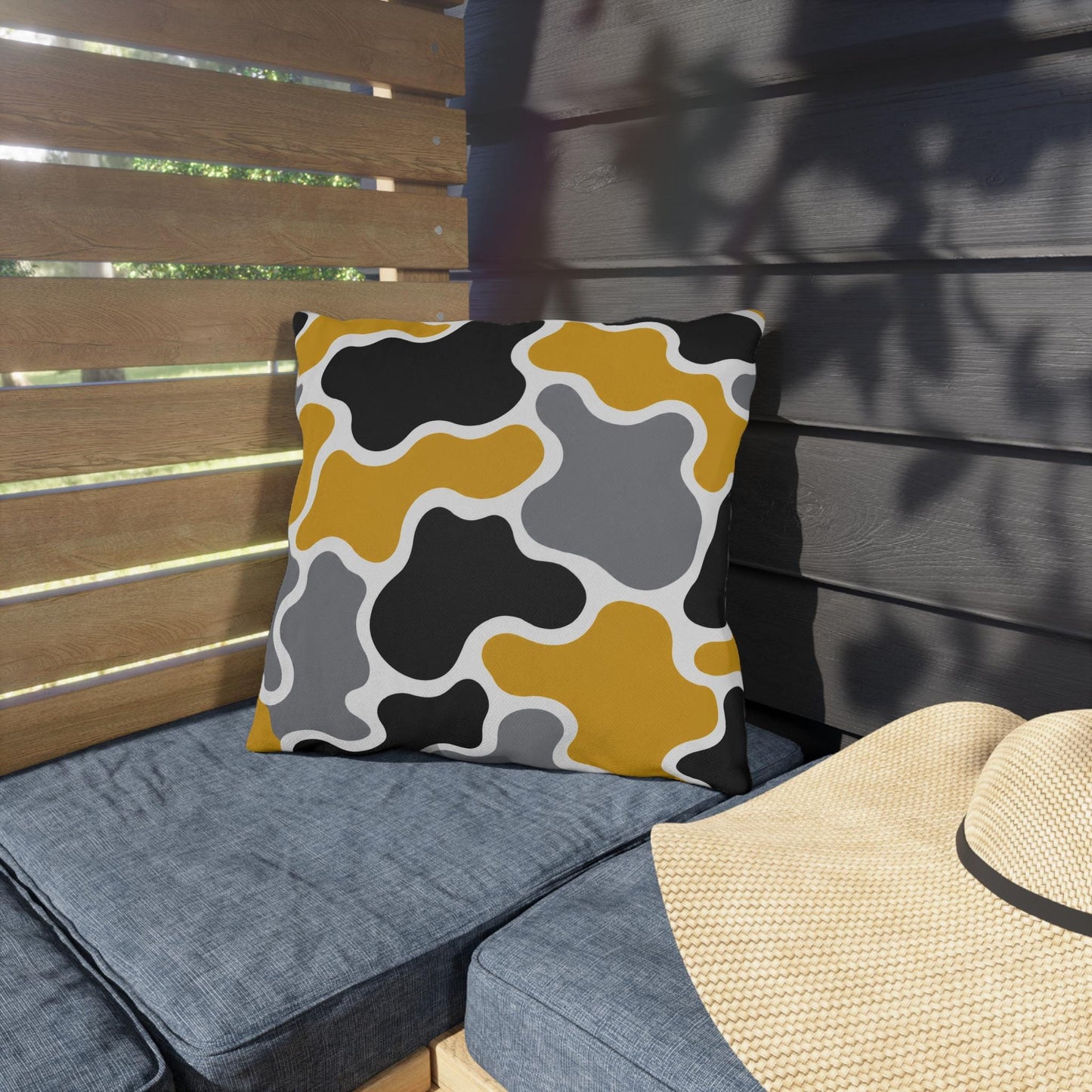 Abstract Organic Shapes Outdoor Pillow | Mustard Black Gray Modern Pattern