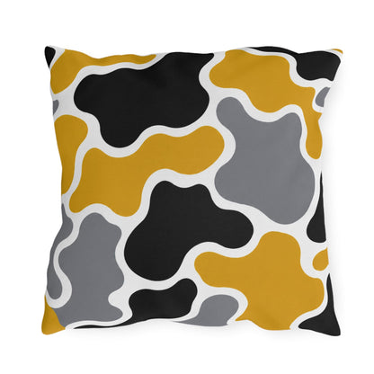 Abstract Organic Shapes Outdoor Pillow | Mustard Black Gray Modern Pattern