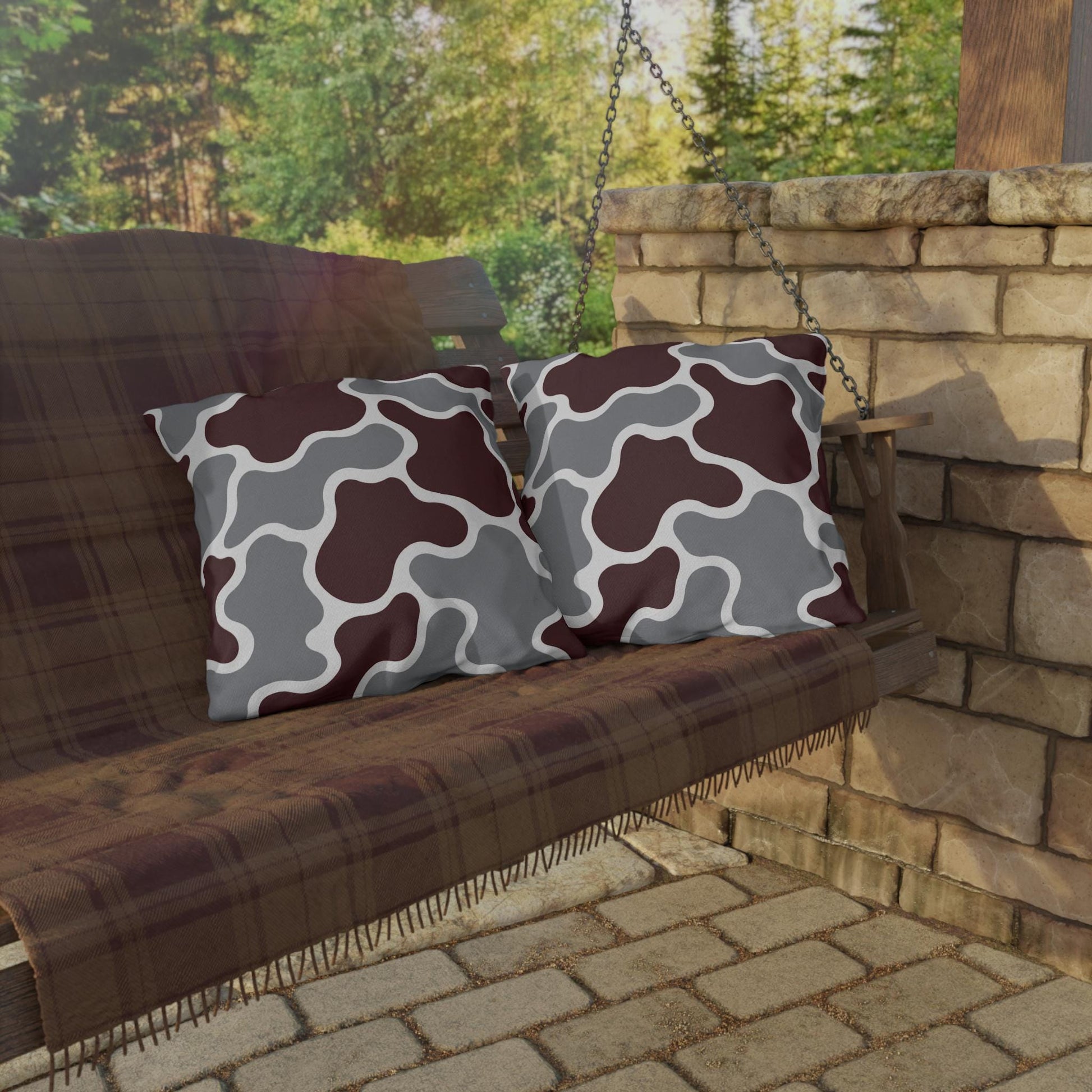 Maroon and Gray Abstract Camouflage Outdoor Pillow | Modern Patio Cushion