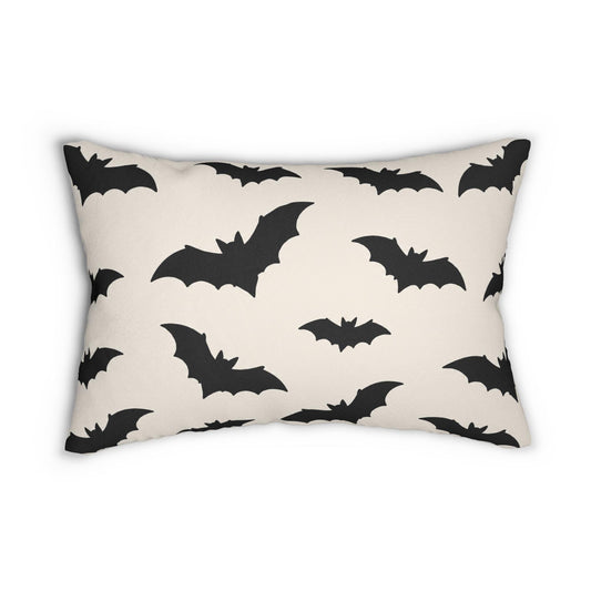 Black Bat Pattern Lumbar Pillow | Halloween Bat Print Pillow
