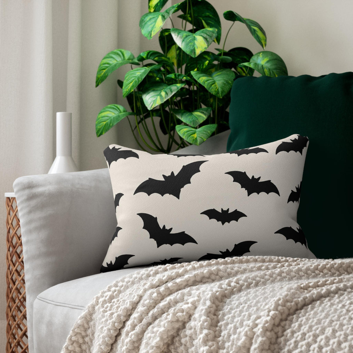 Black Bat Pattern Lumbar Pillow | Halloween Bat Print Pillow