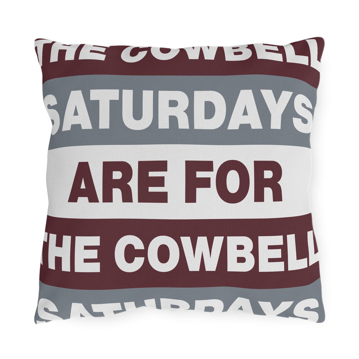 Saturdays Are For The Cowbell Outdoor Pillow | Striped Text Accent