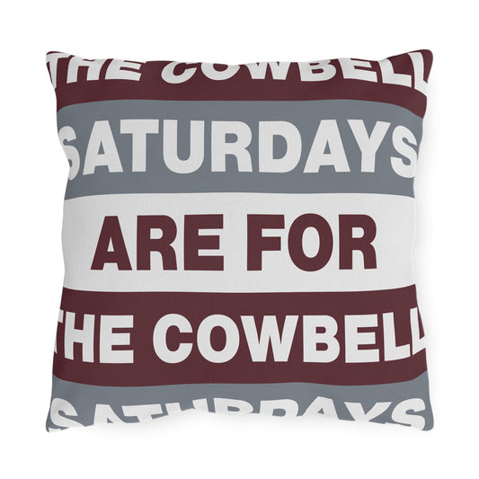 Saturdays Are For The Cowbell Outdoor Pillow | Striped Text Accent