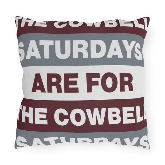 Saturdays Are For The Cowbell Outdoor Pillow | Striped Text Accent