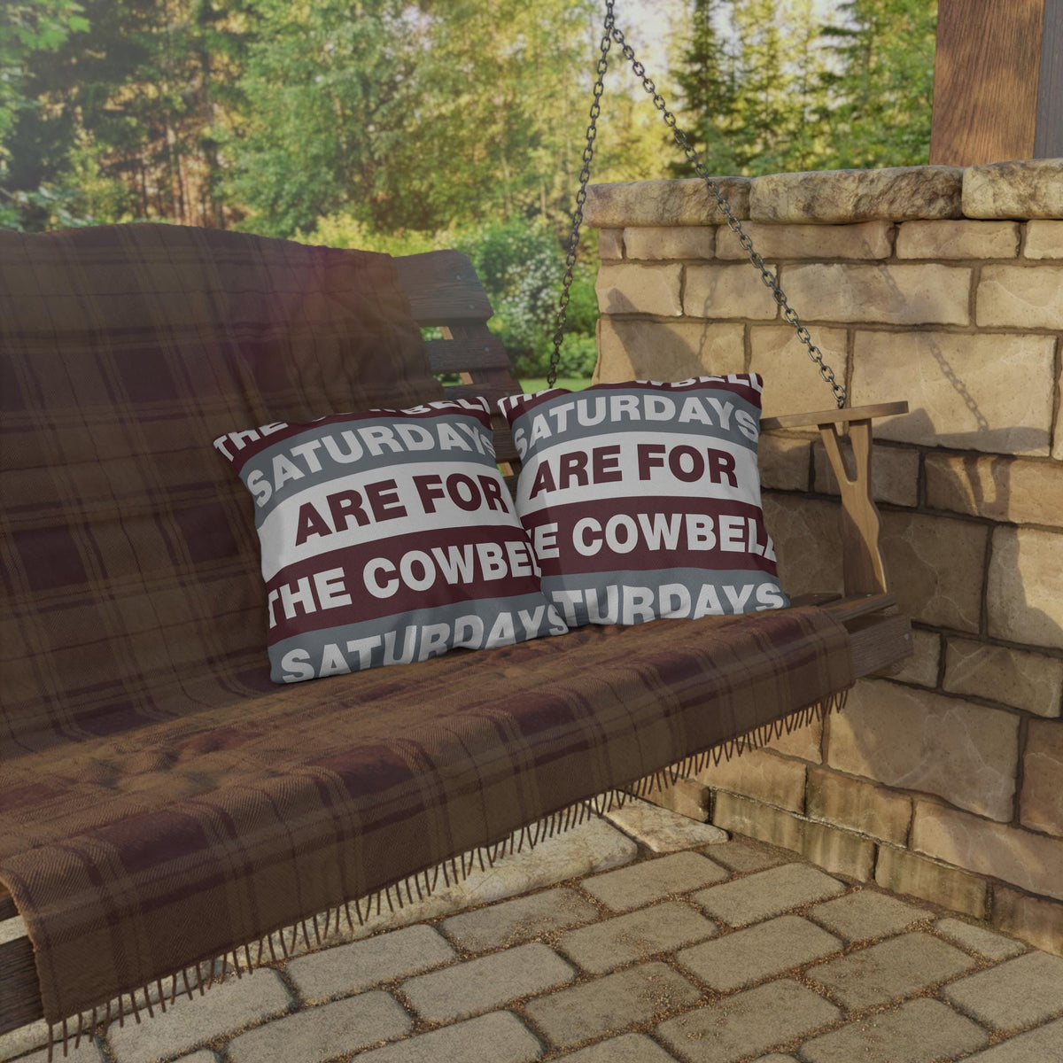Saturdays Are For The Cowbell Outdoor Pillow | Striped Text Accent