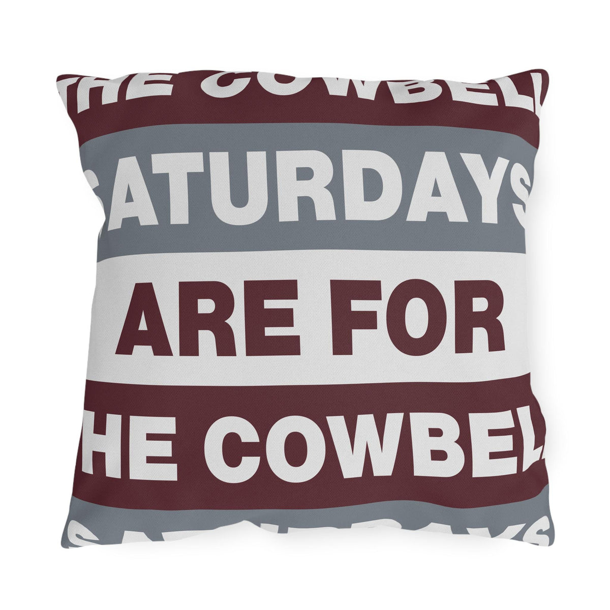 Saturdays Are For The Cowbell Outdoor Pillow | Striped Text Accent
