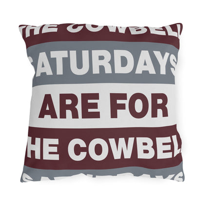 Saturdays Are For The Cowbell Outdoor Pillow | Striped Text Accent