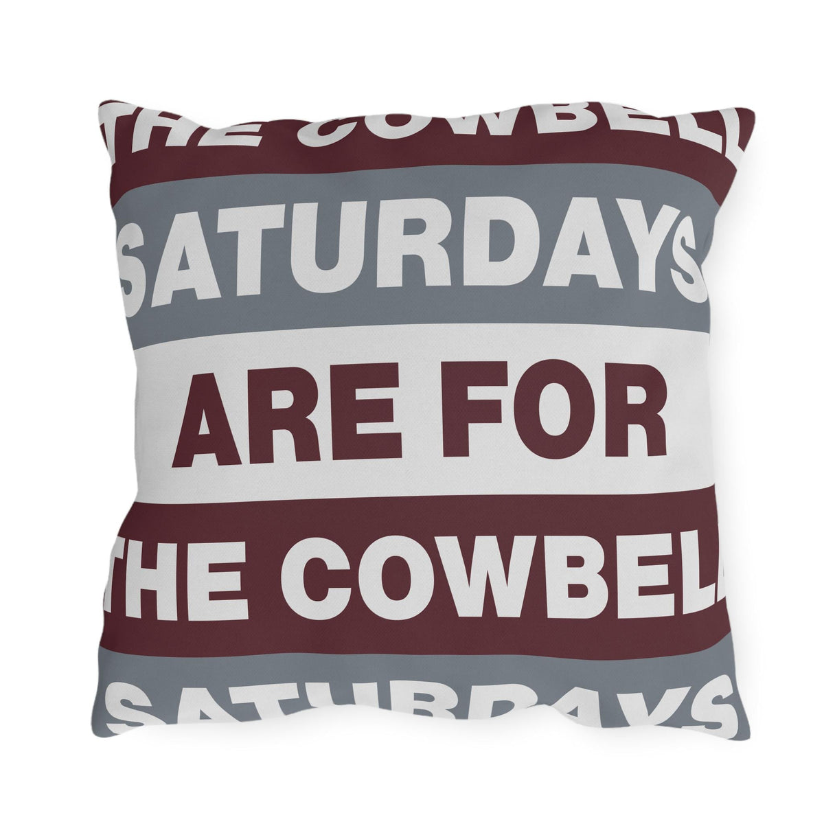 Saturdays Are For The Cowbell Outdoor Pillow | Striped Text Accent