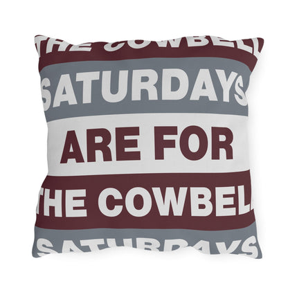 Saturdays Are For The Cowbell Outdoor Pillow | Striped Text Accent