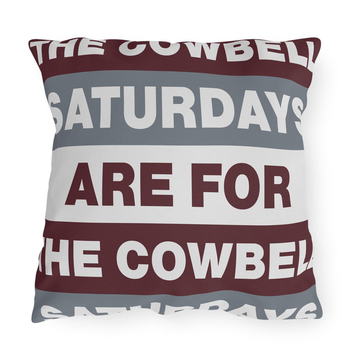 Saturdays Are For The Cowbell Outdoor Pillow | Striped Text Accent
