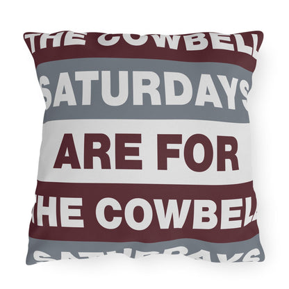 Saturdays Are For The Cowbell Outdoor Pillow | Striped Text Accent