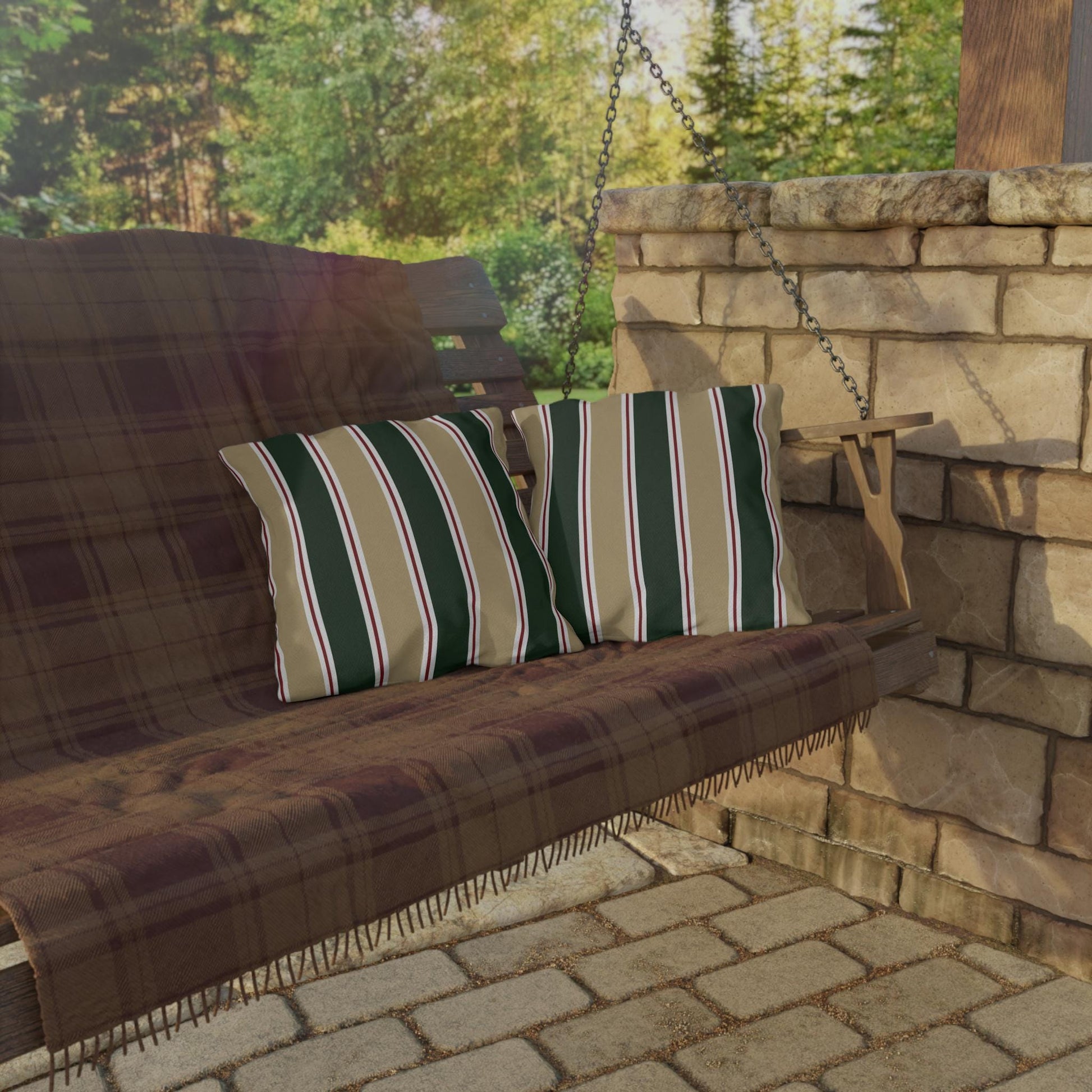 Green and Tan Striped Outdoor Pillow | Patio Cushion, Sunproof Stripe