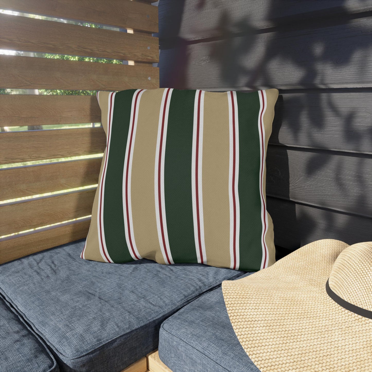 Green and Tan Striped Outdoor Pillow | Patio Cushion, Sunproof Stripe