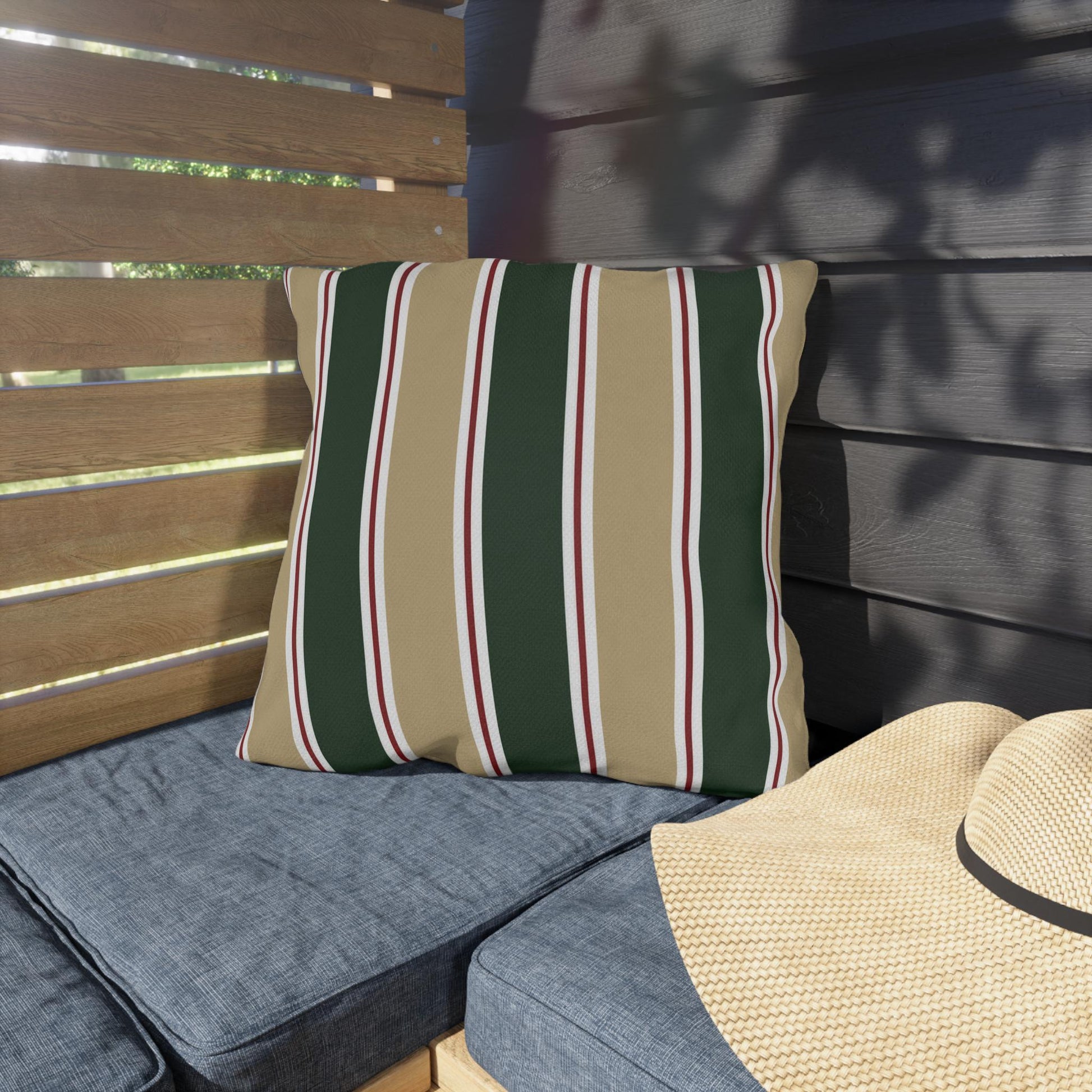Green and Tan Striped Outdoor Pillow | Patio Cushion, Sunproof Stripe
