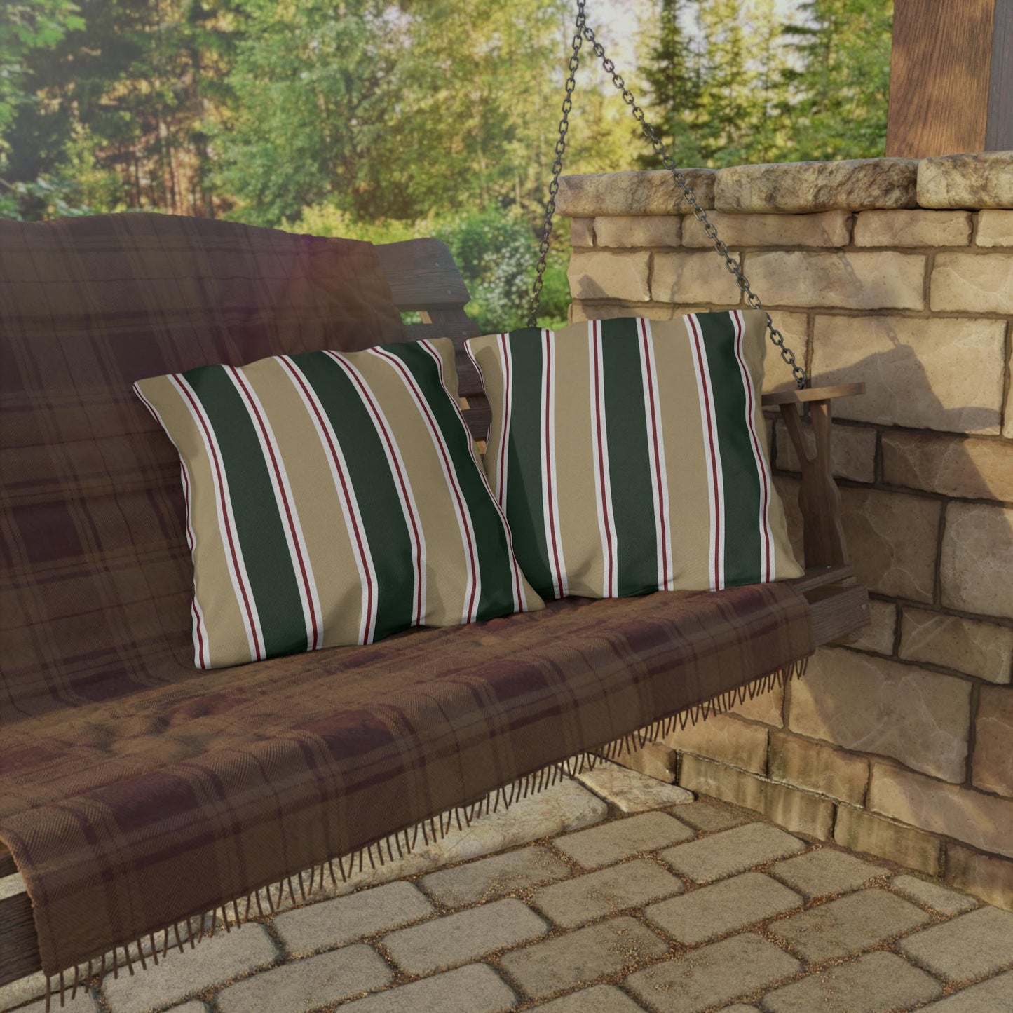 Green and Tan Striped Outdoor Pillow | Patio Cushion, Sunproof Stripe