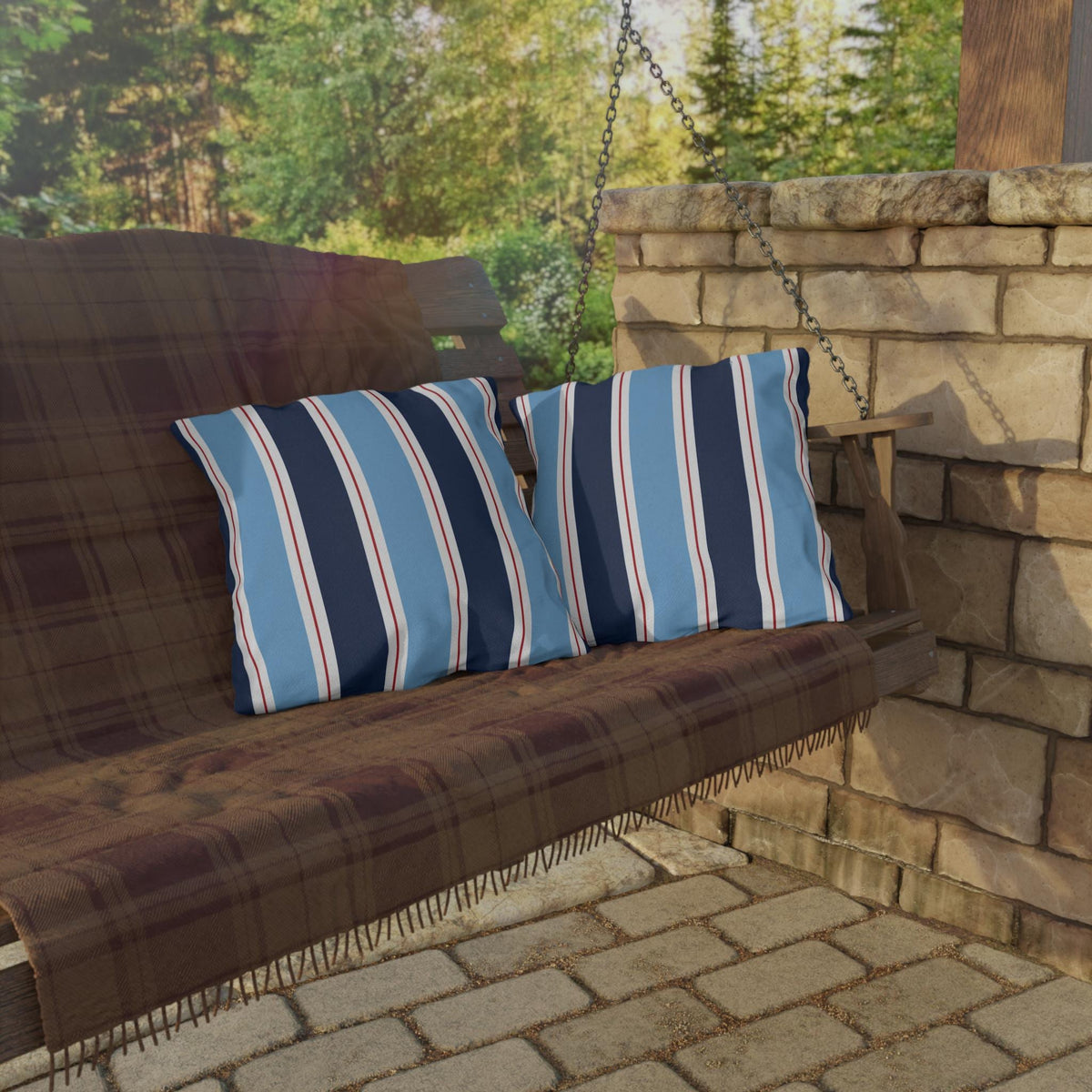 Nautical Blue Red Stripe Outdoor Pillow | Patio Cushion