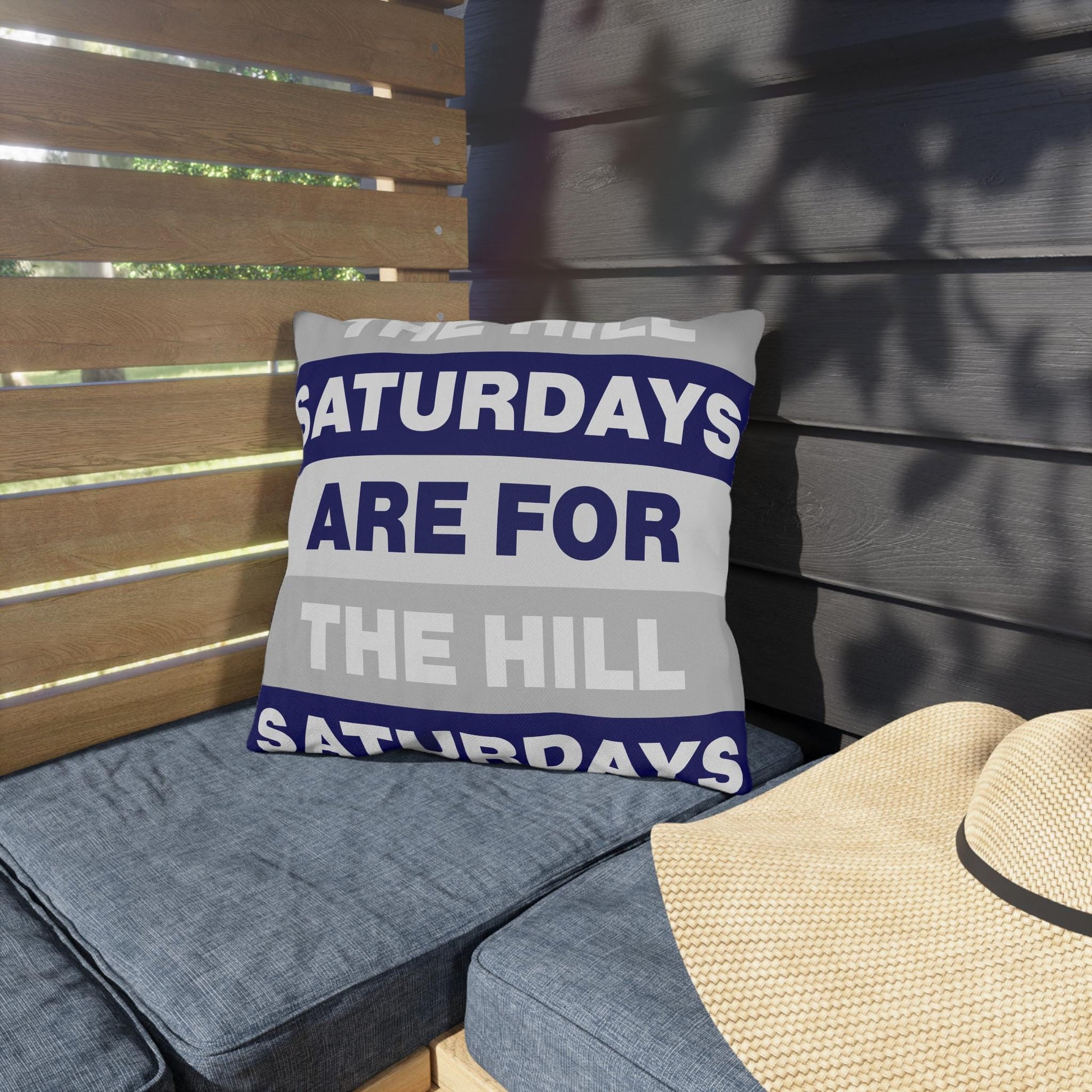 Saturdays Are For The Hill Outdoor Pillow | Striped Text Accent Cushion