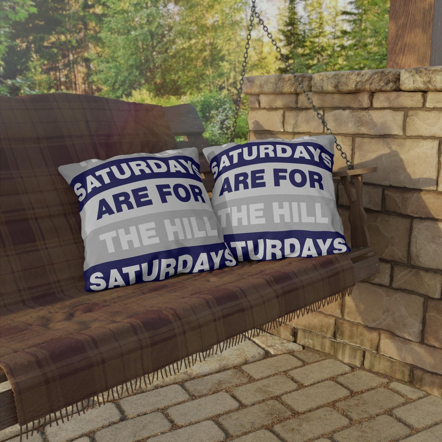 Saturdays Are For The Hill Outdoor Pillow | Striped Text Accent Cushion