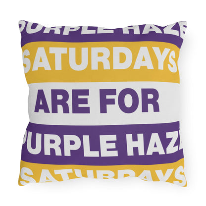 Saturdays Are For Purple Haze Outdoor Pillow | Bold Stripe Text Patio Cushion