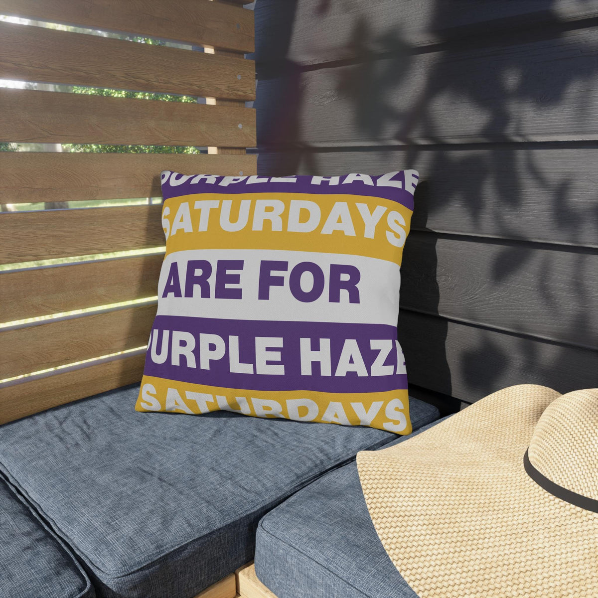 Saturdays Are For Purple Haze Outdoor Pillow | Bold Stripe Text Patio Cushion