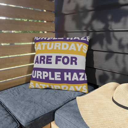 Saturdays Are For Purple Haze Outdoor Pillow | Bold Stripe Text Patio Cushion