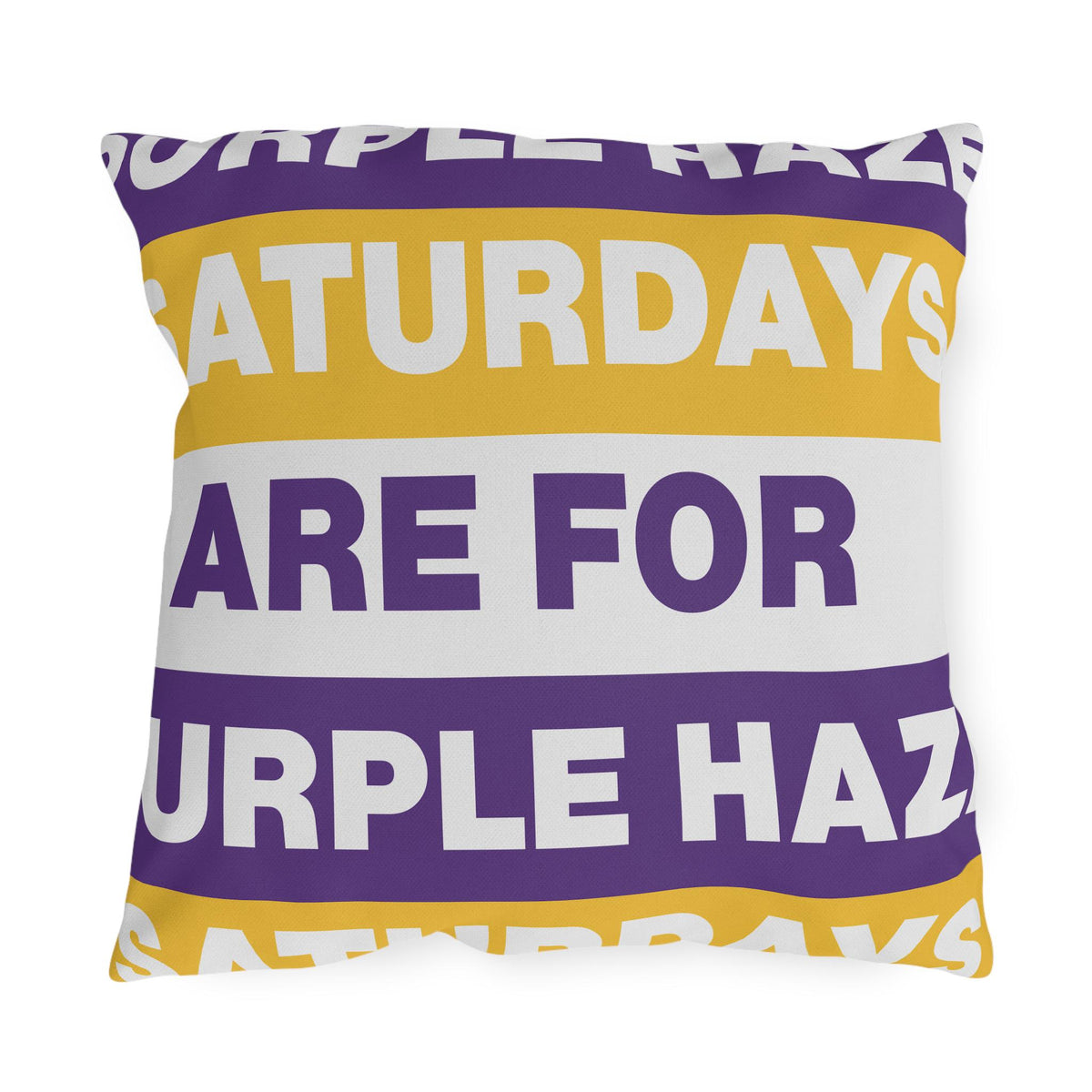 Saturdays Are For Purple Haze Outdoor Pillow | Bold Stripe Text Patio Cushion