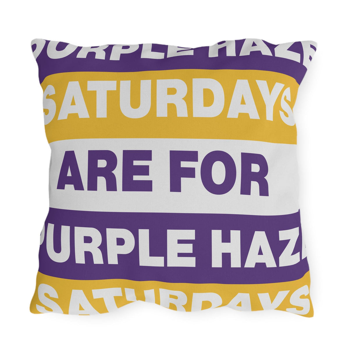 Saturdays Are For Purple Haze Outdoor Pillow | Bold Stripe Text Patio Cushion