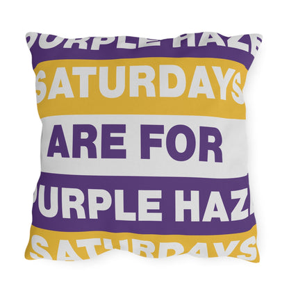 Saturdays Are For Purple Haze Outdoor Pillow | Bold Stripe Text Patio Cushion