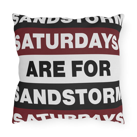 Saturdays Are For Sandstorm Outdoor Pillow | Striped Text Accent