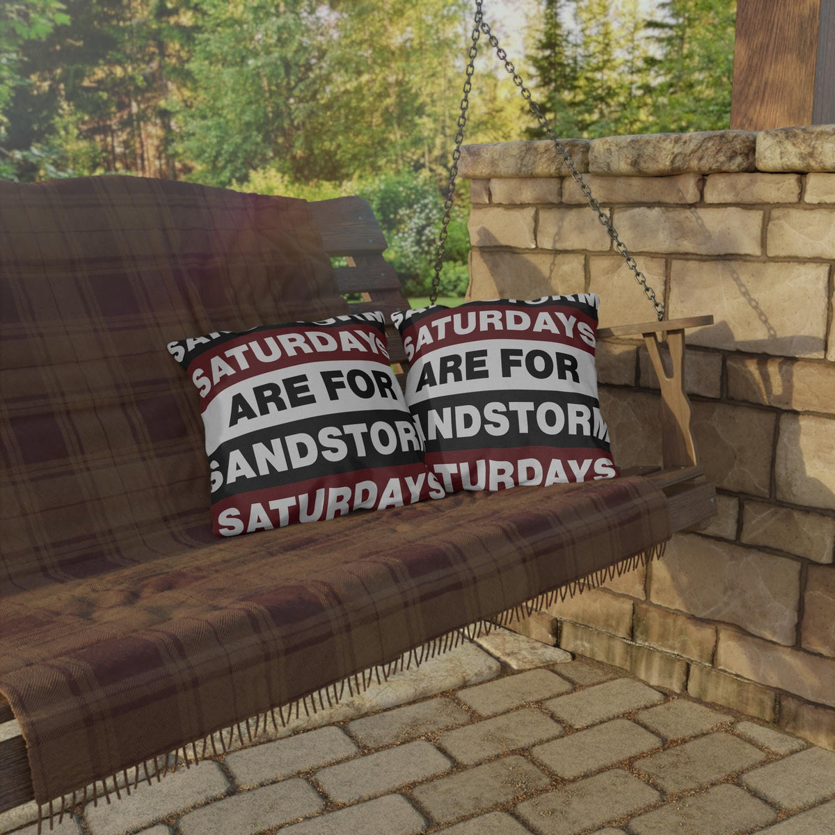 Saturdays Are For Sandstorm Outdoor Pillow | Striped Text Accent