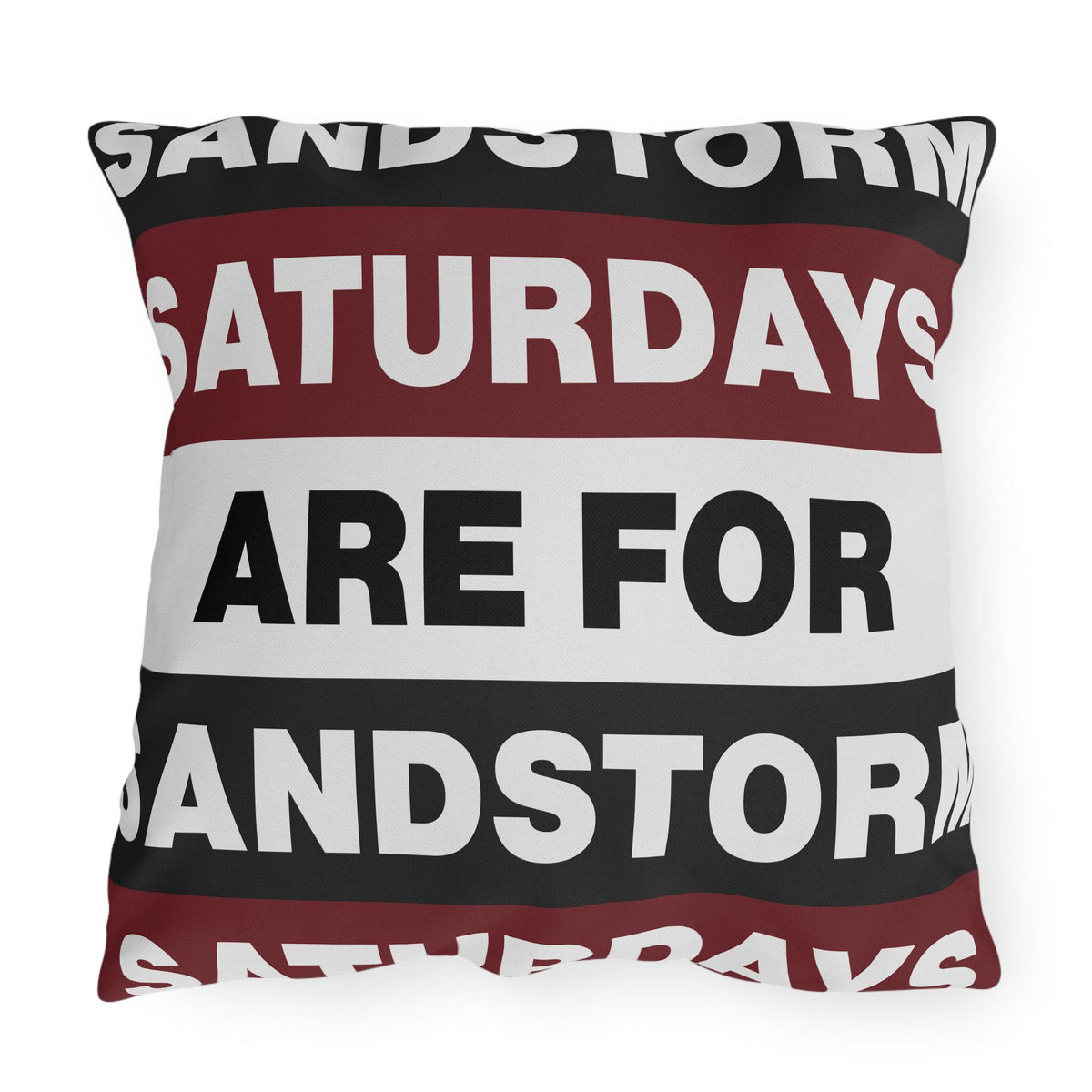 Saturdays Are For Sandstorm Outdoor Pillow | Striped Text Accent