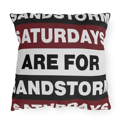 Saturdays Are For Sandstorm Outdoor Pillow | Striped Text Accent