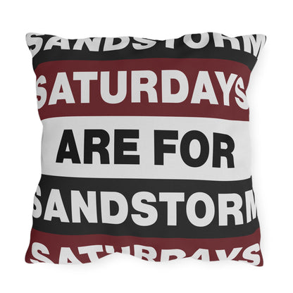 Saturdays Are For Sandstorm Outdoor Pillow | Striped Text Accent