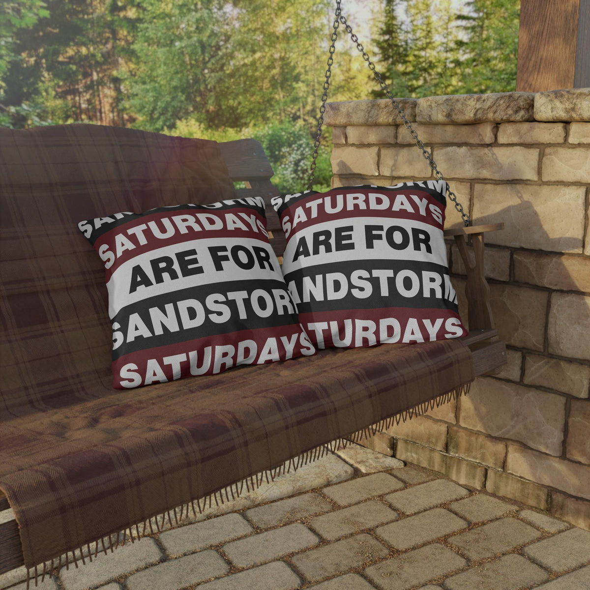 Saturdays Are For Sandstorm Outdoor Pillow | Striped Text Accent